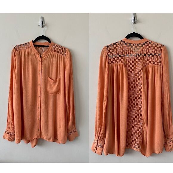 FREE People-The Perfect Lace Back Button Down Peach (Size:Small) - Picture 2 of 12